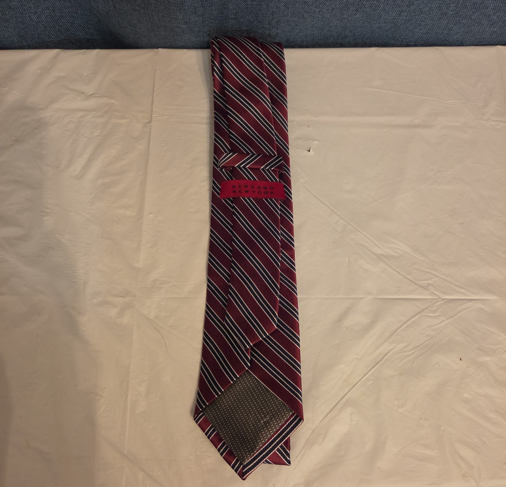 Bergamo New York Tie Burgundy Red Silver Striped Mens Silk Necktie Regimental