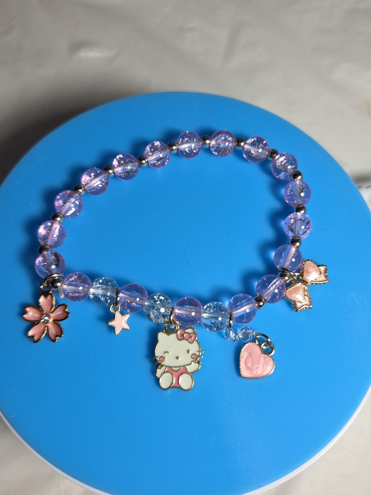 Kawaii Kitty Pink Beaded Stretch Charm Bracelet Y2K