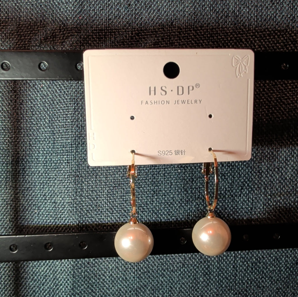 HS DP Fashion Pearl Drop Hoop Earrings 14K Gold Plated S925 Post Classic