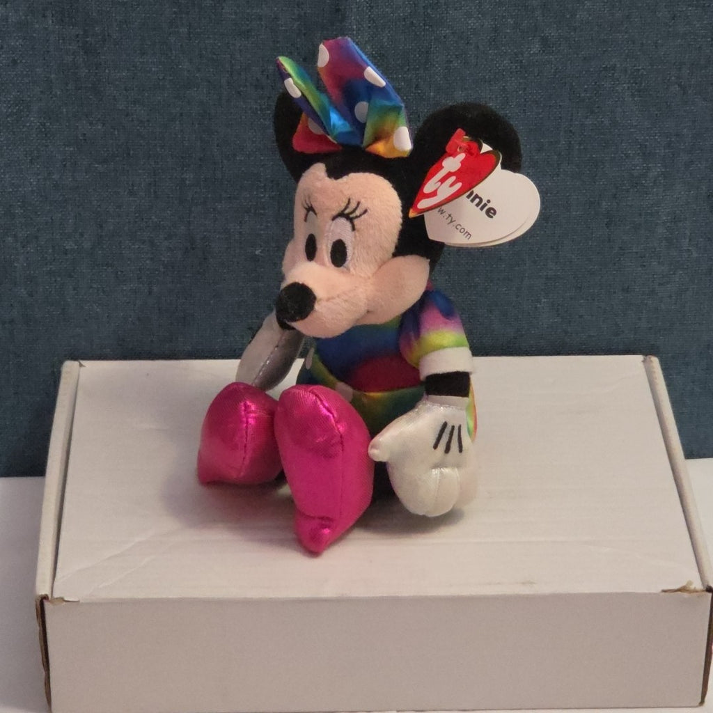 Ty Disney Beanie Baby Minnie Mouse Sparkle Rainbow Dress Metallic Pink Shoes