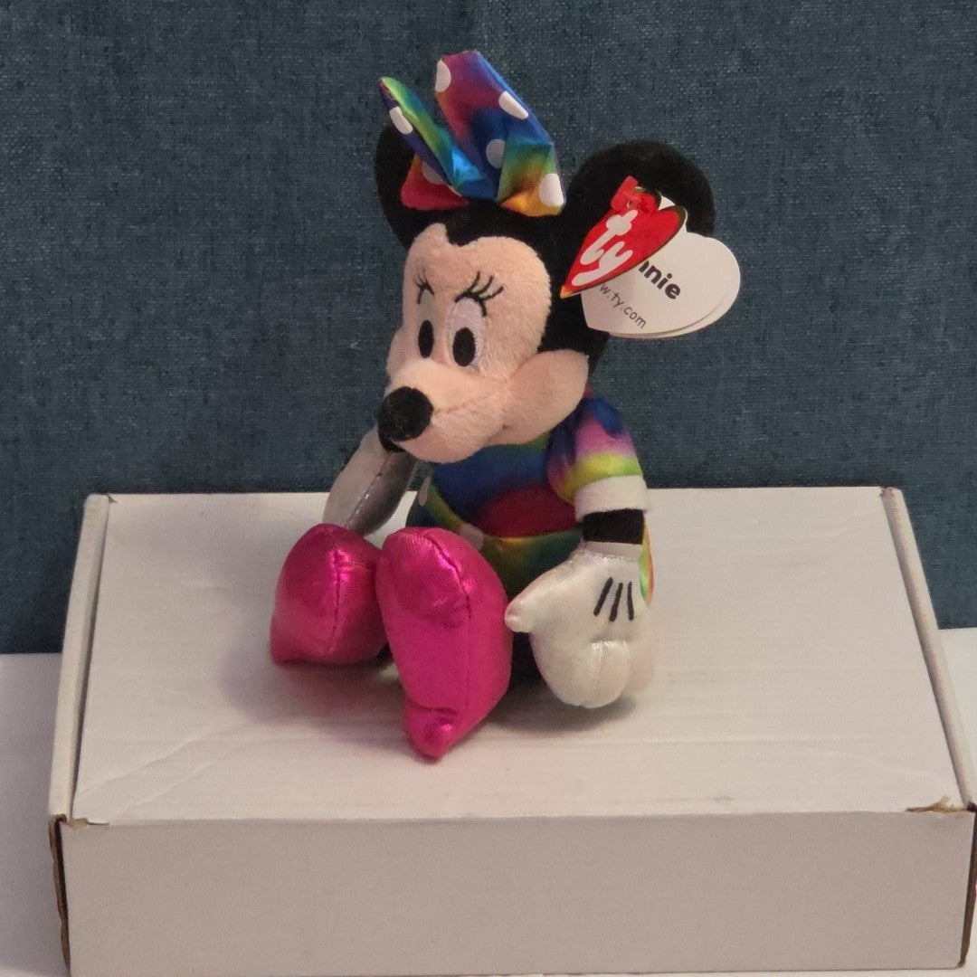 Ty Disney Beanie Baby Minnie Mouse Sparkle Rainbow Dress Metallic Pink Shoes