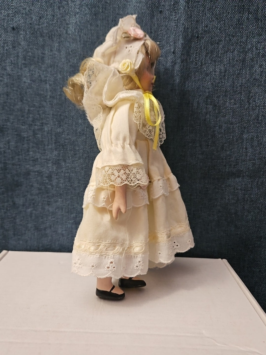 Vintage 8" Porcelain Doll | Blonde with Bonnet & Ruffled Dress
