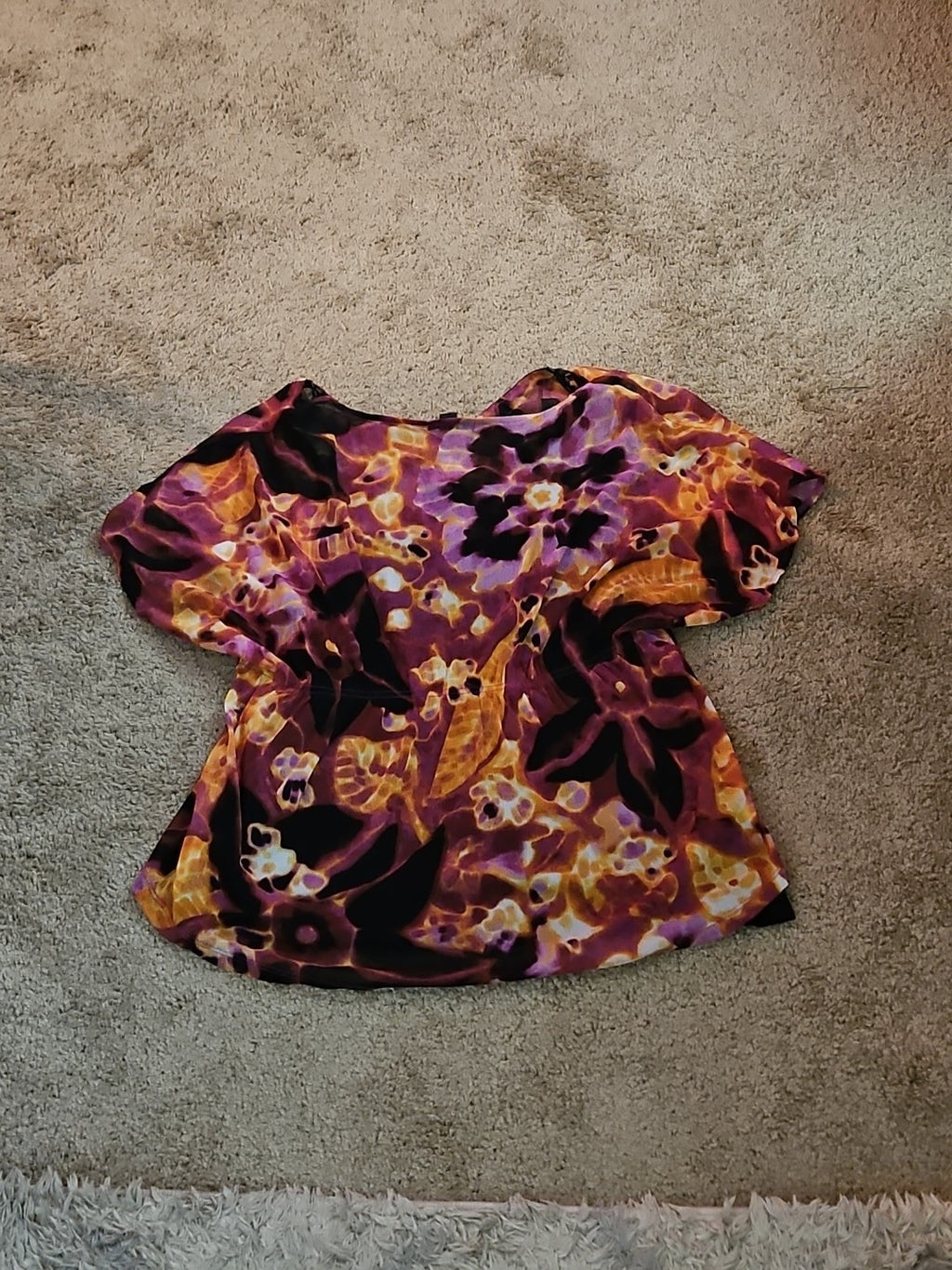 Alfani Petite Large P/L Boho Mesh Top Sheer Beaded V-Neck Floral Purple Blouse
