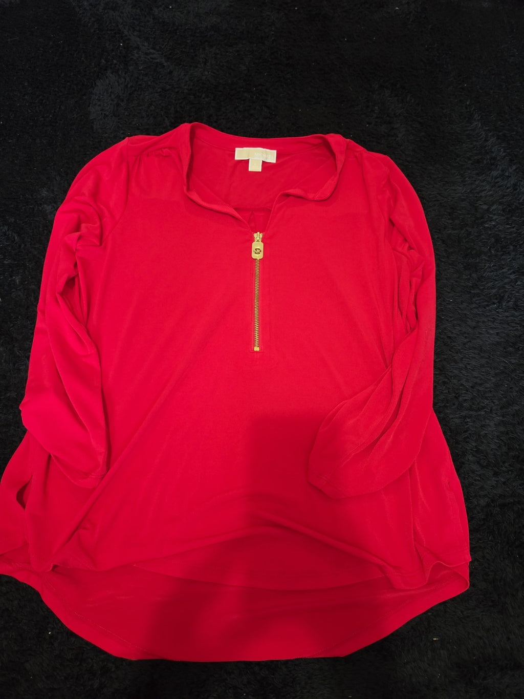 Michael Kors Blouse Red Zip Top Women Large Roll Tab Sleeve Jersey Shirt Used