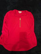 Michael Kors Blouse Red Zip Top Women Large Roll Tab Sleeve Jersey Shirt Used