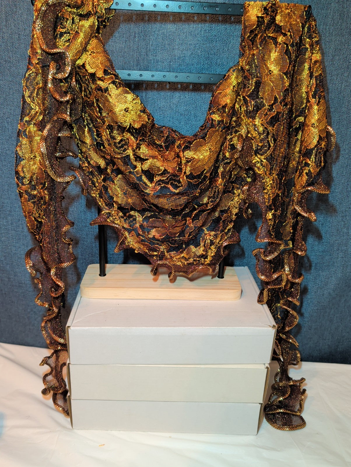Laurena by LJL Metallic Lace Scarf Wrap Henna Rust Ruffled Boho NWT 63x23