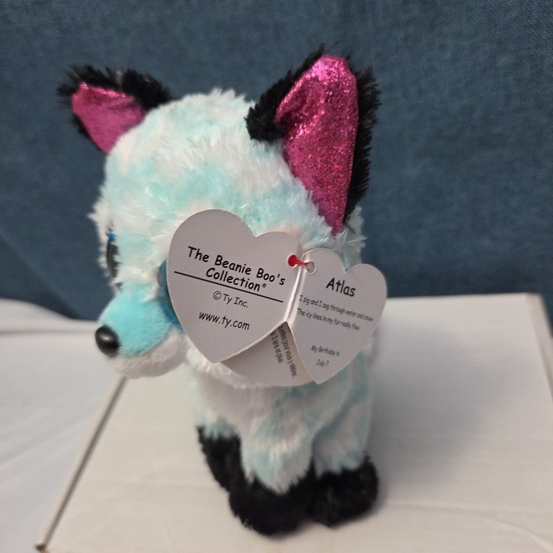 Ty Beanie Boos Atlas Aqua Chevron Fox 6" Plush Blue Glitter Eyes Retired MWMT