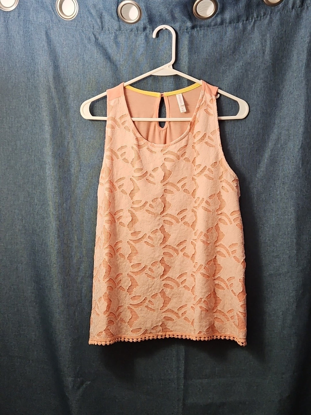 Xhilaration Peach Lace Overlay Tank Top with Pom-Pom Trim