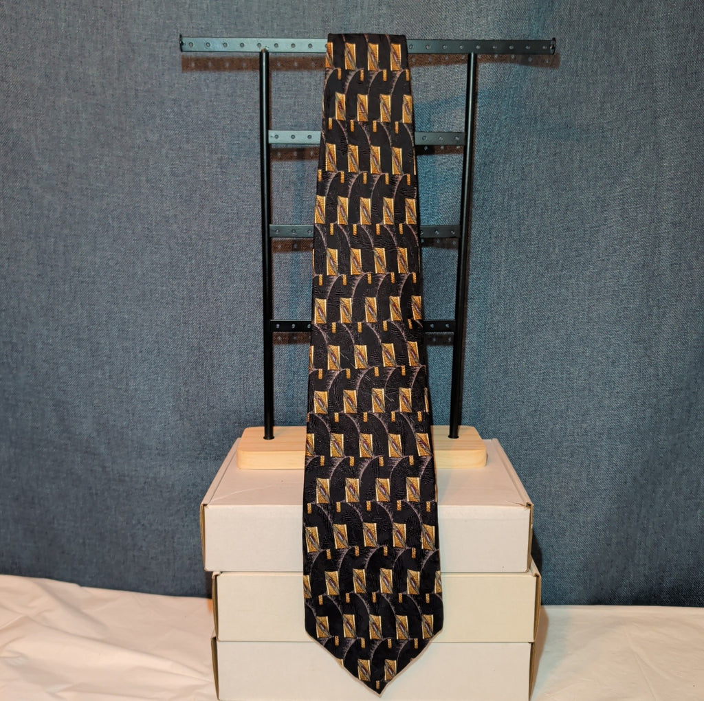 Vtg Ferrell Reed for Edwards Silk Neck Tie Black Gold Geometric Art Deco 59.5
