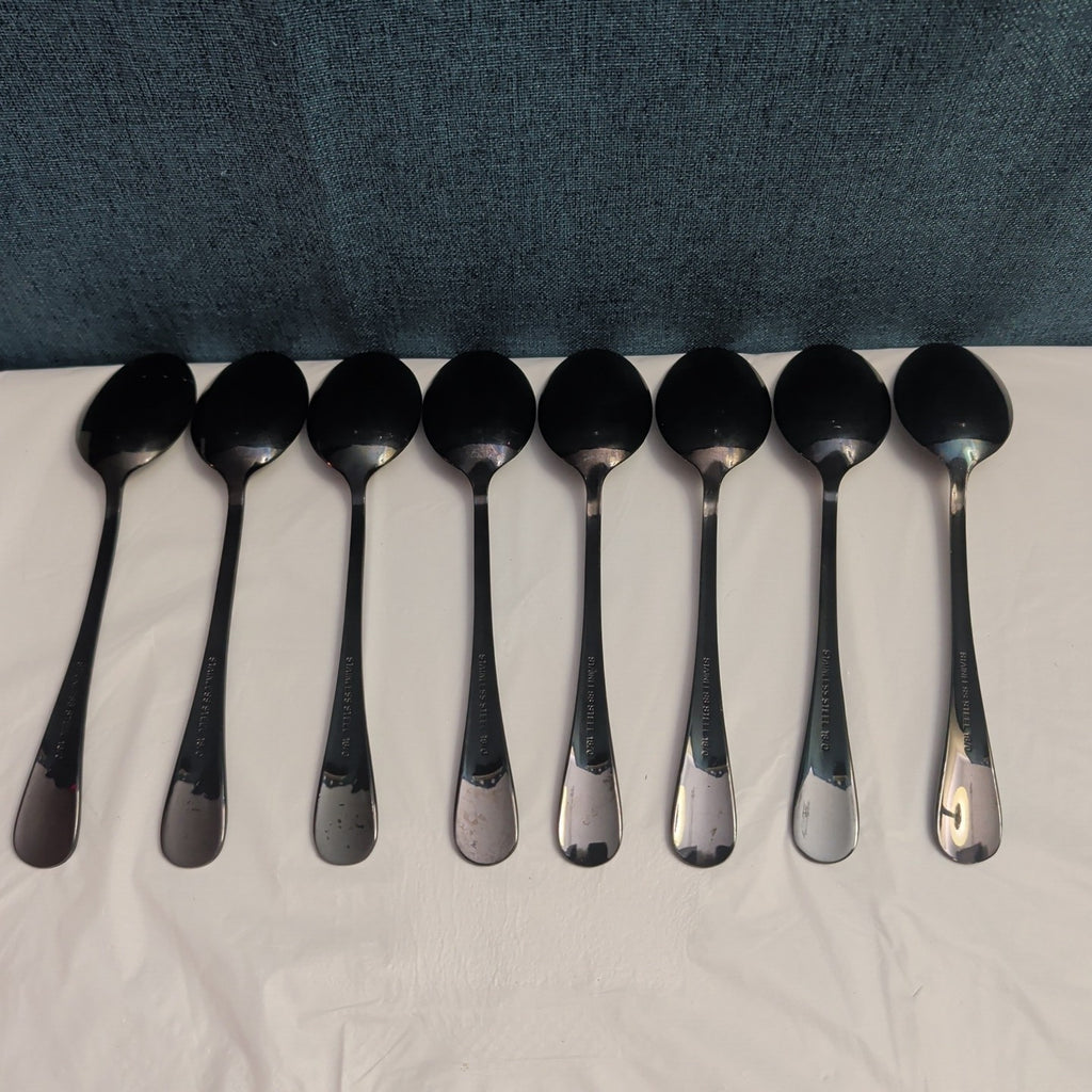Set of 8 Black Stainless Steel Spoons 18/0 Modern Onyx Flatware Table Spoons Set