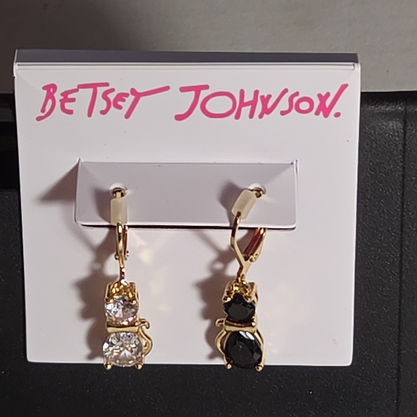 Betsey Johnson Mismatched Cat CZ Drop Earrings