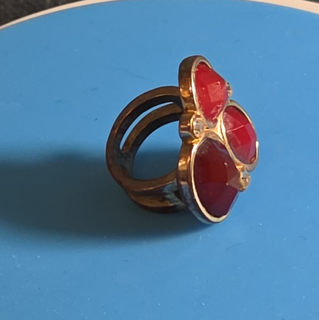 Red Gemstone Cluster Ring Gold Tone Statement Size 8.5
