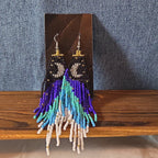 Boho Celestial Moon Seed Bead Fringe Dangle Earrings