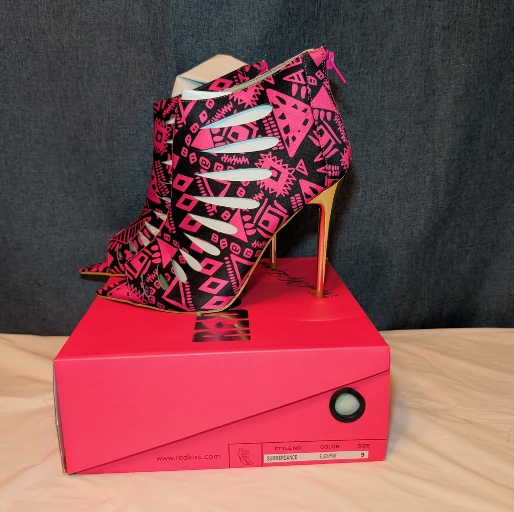 RedKiss Summerdance High Heels Size 9 Pink Black Caged Booties Stiletto Boxed