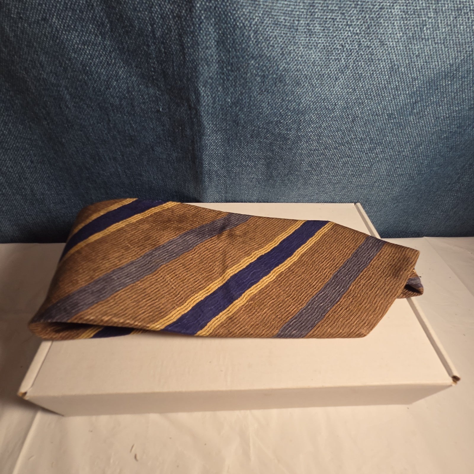 J.Z. Richards Silk Tie Edwards Michigan Brown Blue Stripe Frayed As Is Vest Tie