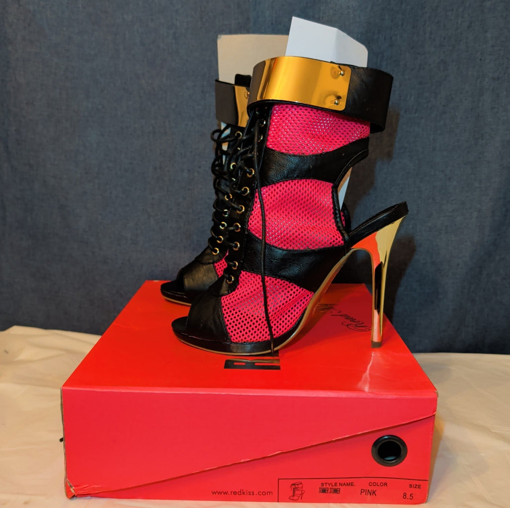 RedKiss Summer Stunner Heels Size 8.5 Pink Black Lace Up Caged Stiletto