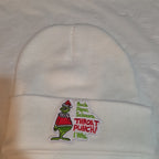 Custom Grinch Throat Punch White Knit Beanie Funny Holiday Hat Brand