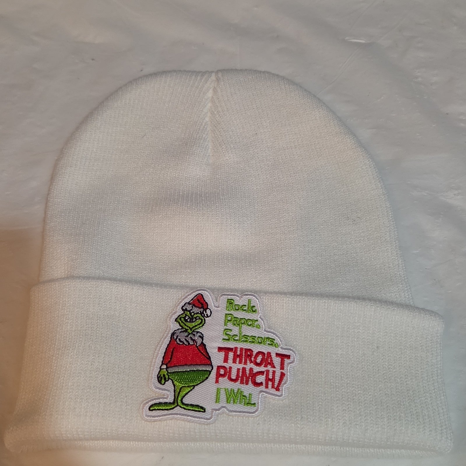 Custom Grinch Throat Punch White Knit Beanie Funny Holiday Hat Brand