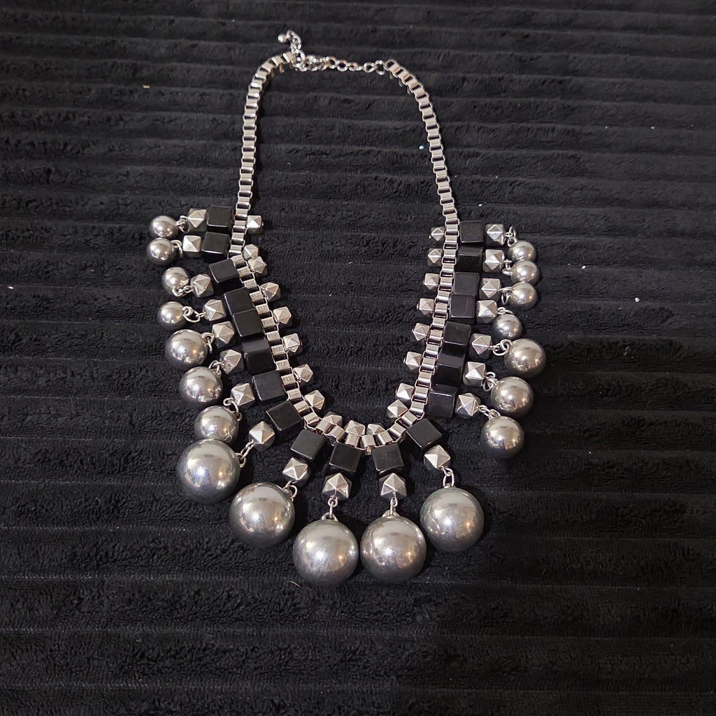 Chunky Silver Bib Statement Necklace Black Cube Cascading Collar Choker Punk Mod