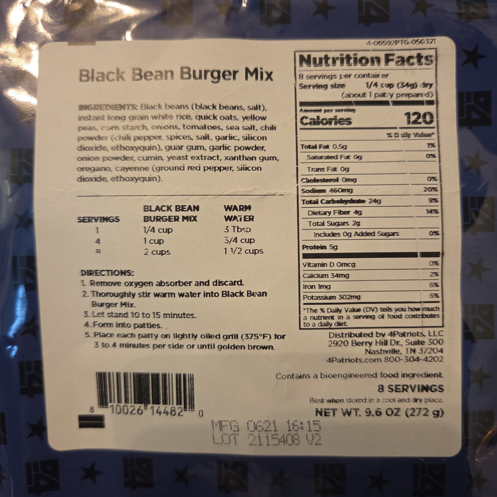 4Patriots Black Bean Burger Mix 8 Servings Survival Food