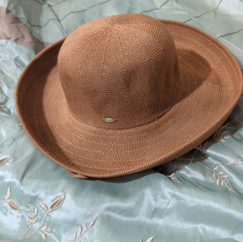 Scala Wide Brim Floppy Sun Hat Brown Acrylic Woven Packable Travel Retro