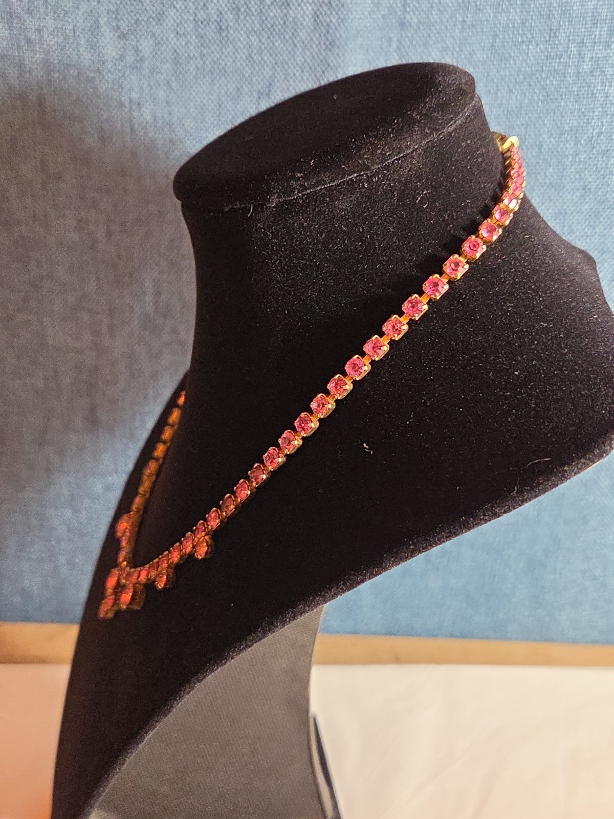 Fringe Necklace Pink Rhinestone Gold Tone Retro Glam
