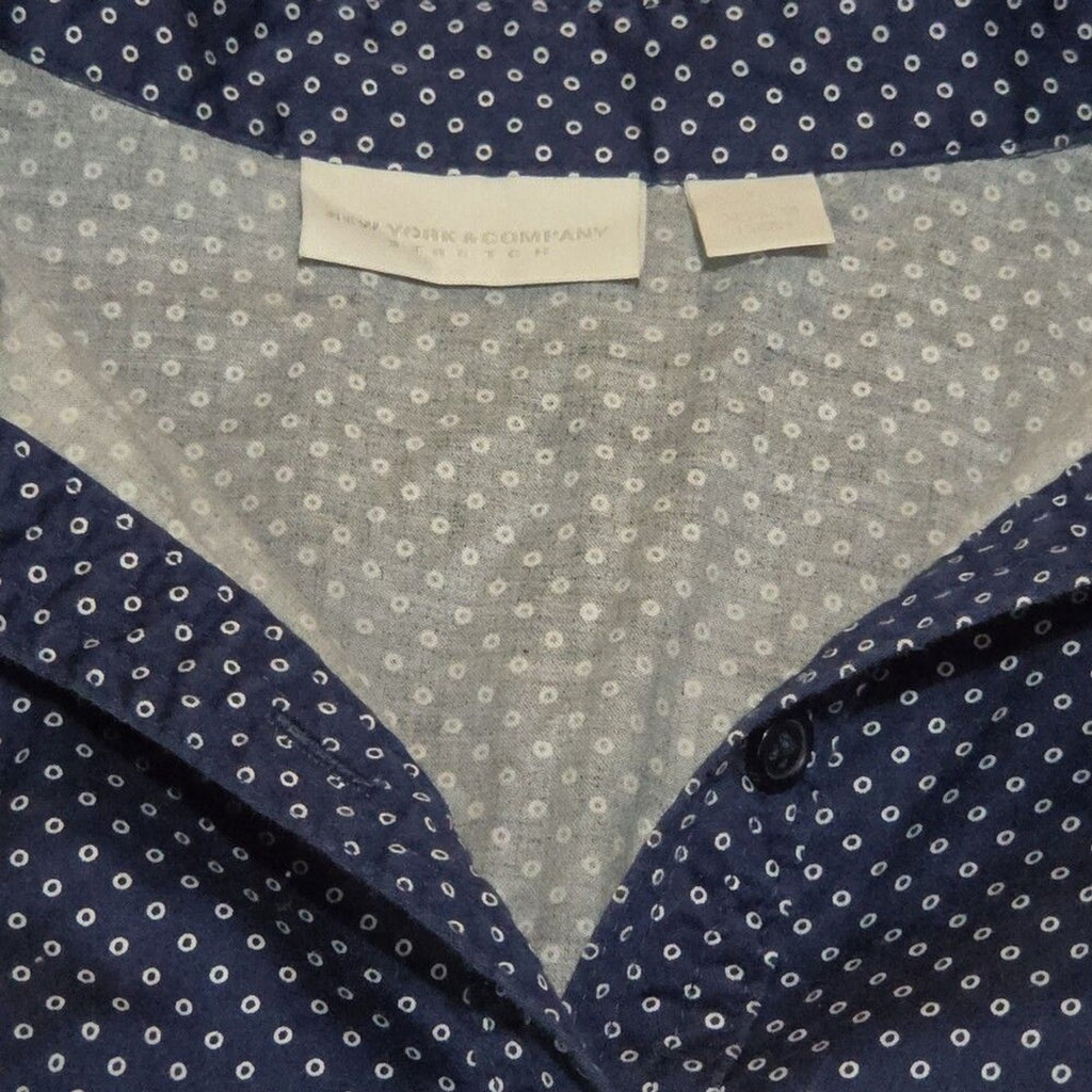 New York & Company Blouse Blue Polka Dot Button Down Office Wear Used Size L