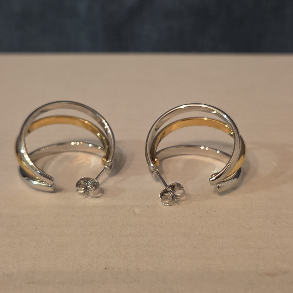 Triple Hoop Mixed Metal Gold Silver Tone Earrings Modern