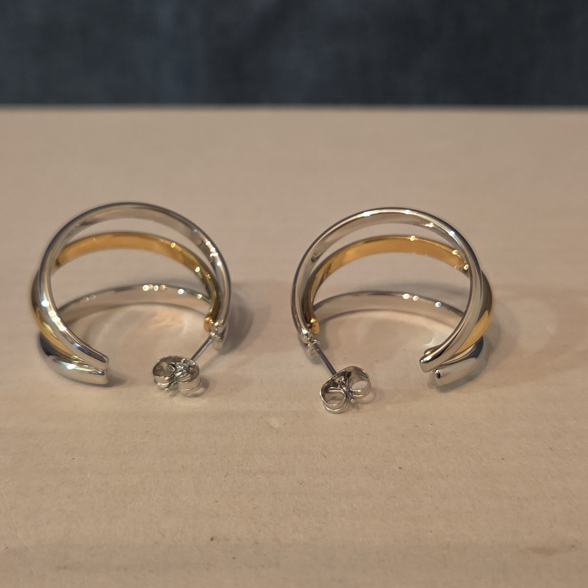 Triple Hoop Mixed Metal Gold Silver Tone Earrings Modern