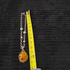 Vintage Faux Amber Necklace Clip On Earrings Set Silver Tone Teardrop Shimmer