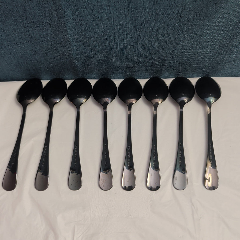 Set of 8 Black Stainless Steel Spoons 18/0 Modern Onyx Flatware Table Spoons Set