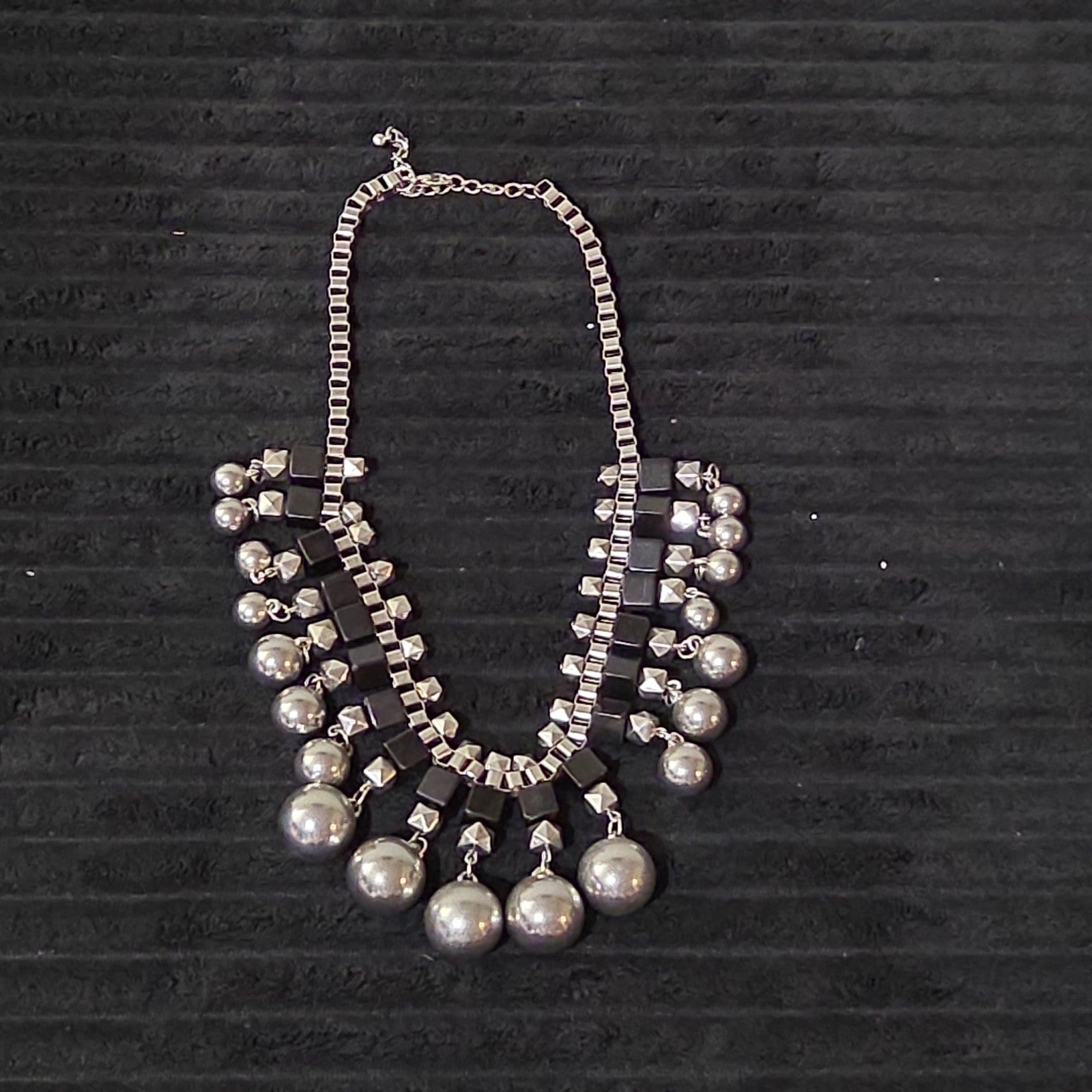 Chunky Silver Bib Statement Necklace Black Cube Cascading Collar Choker Punk Mod