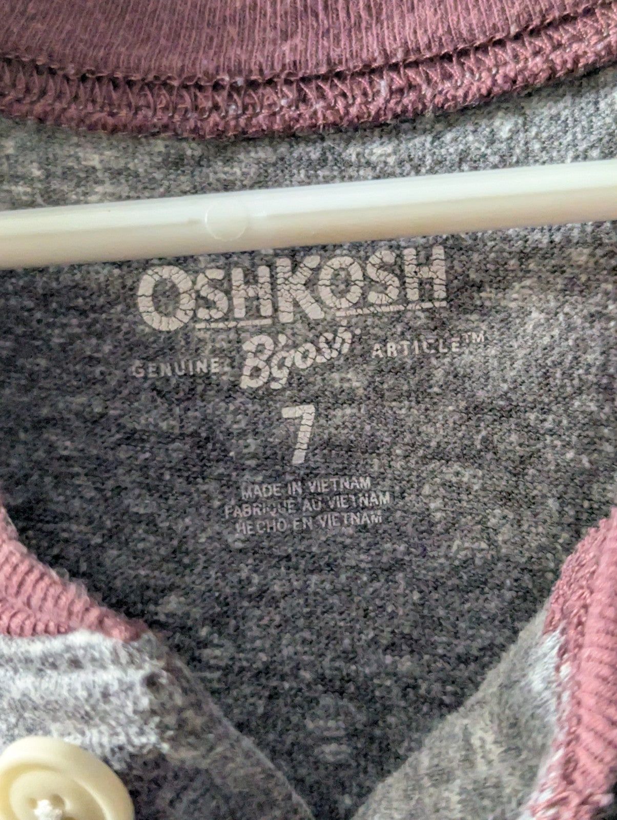 OshKosh B'gosh Boys Shirt Size 7 Henley Raglan Gray Maroon Varsity Stripe
