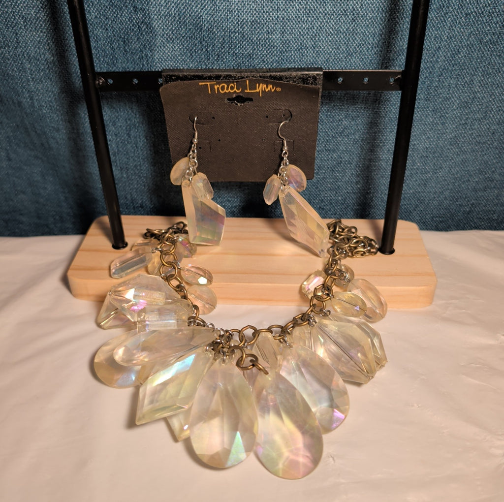 Traci Lynn Iridescent Statement Bib Necklace Earring Set Vintage Style