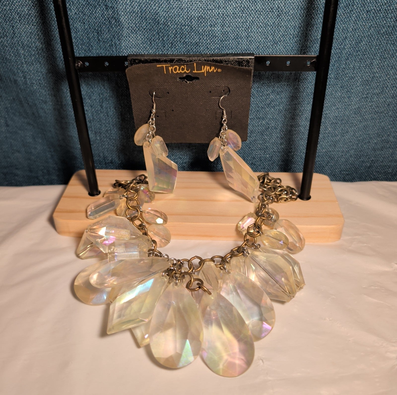 Traci Lynn Iridescent Statement Bib Necklace Earring Set Vintage Style