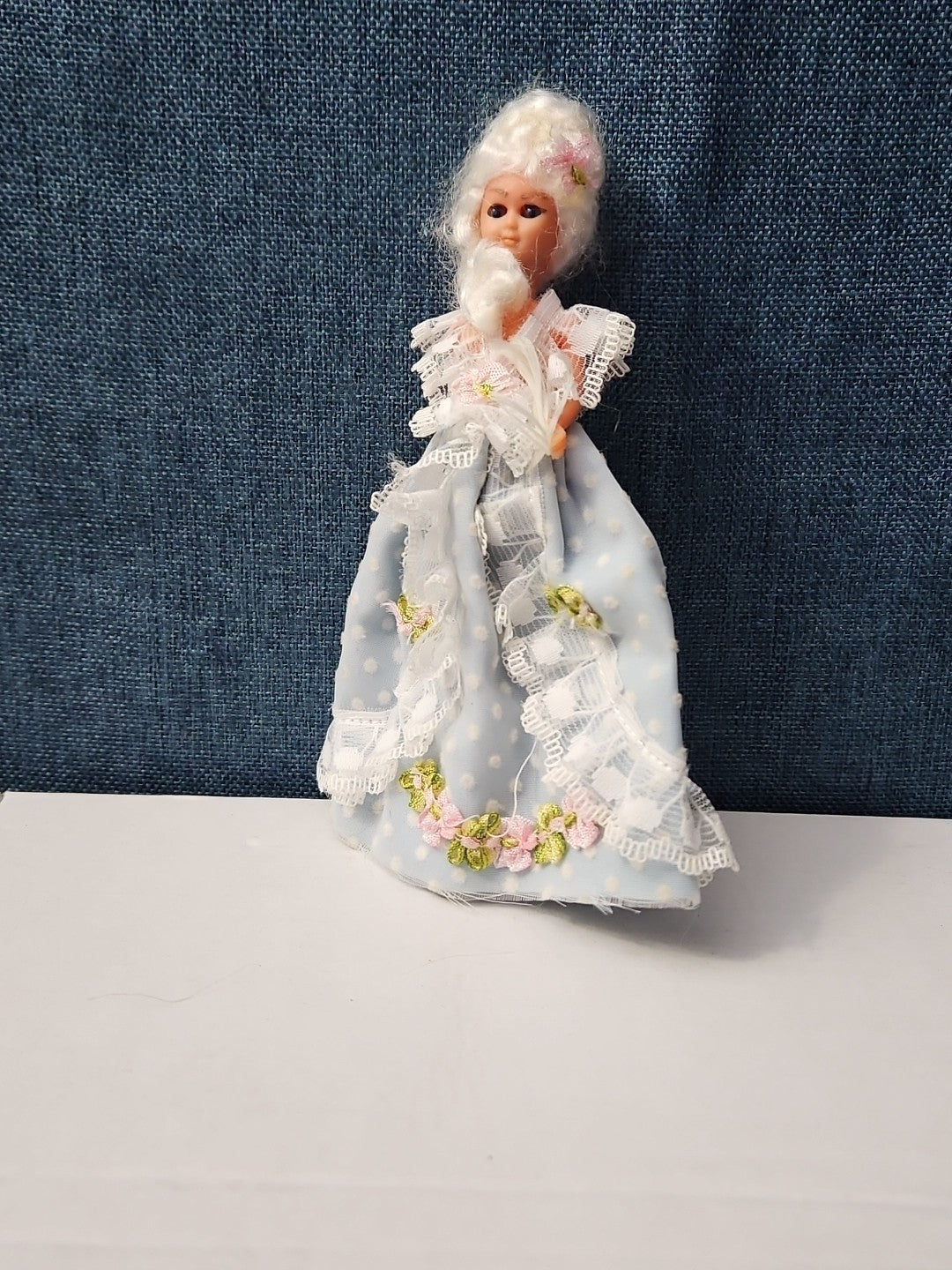 Vintage 5.5" Costume Doll | Blue Polka Dot Rococo Dress | Hard Plastic Souvenir