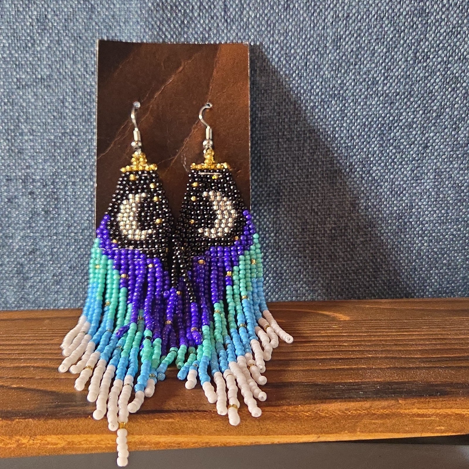 Boho Celestial Moon Seed Bead Fringe Dangle Earrings