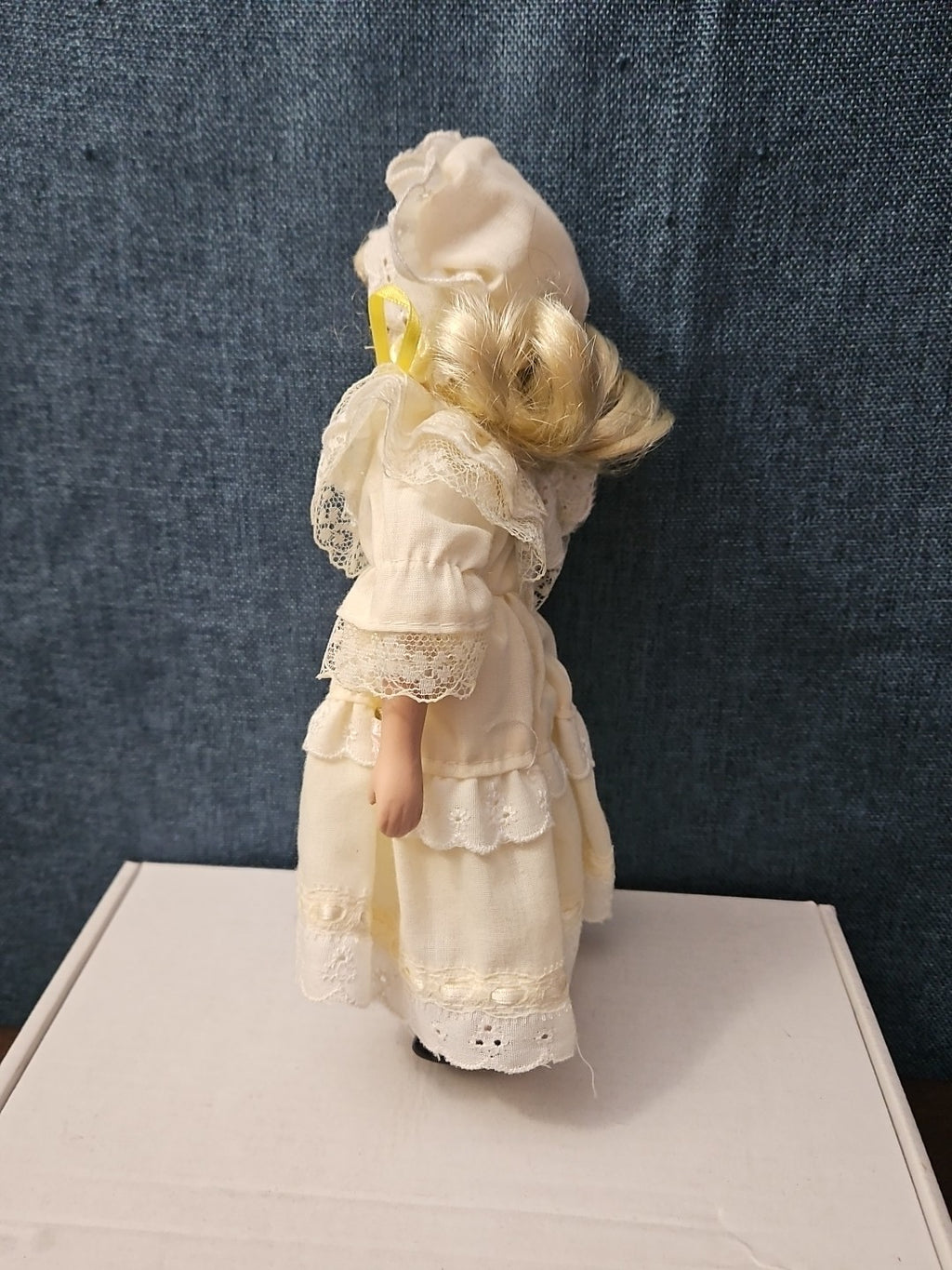 Vintage 8" Porcelain Doll | Blonde with Bonnet & Ruffled Dress