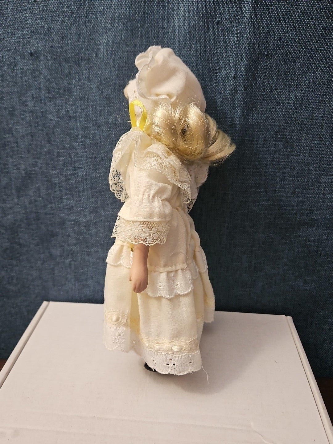 Vintage 8" Porcelain Doll | Blonde with Bonnet & Ruffled Dress