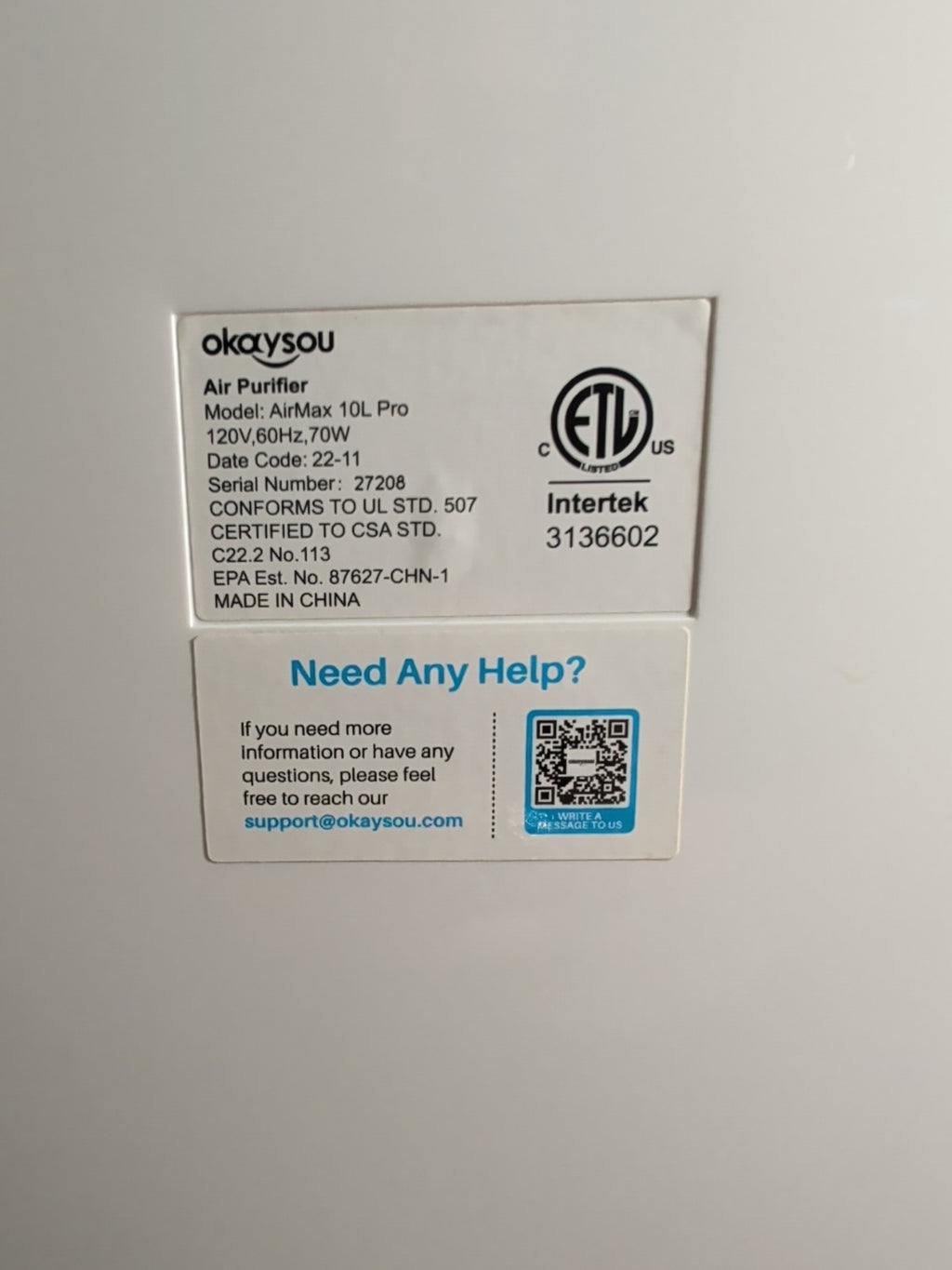 Okaysou AirMax 10L Pro Air Purifier HEPA 5-Stage 1000sq ft Room White Working