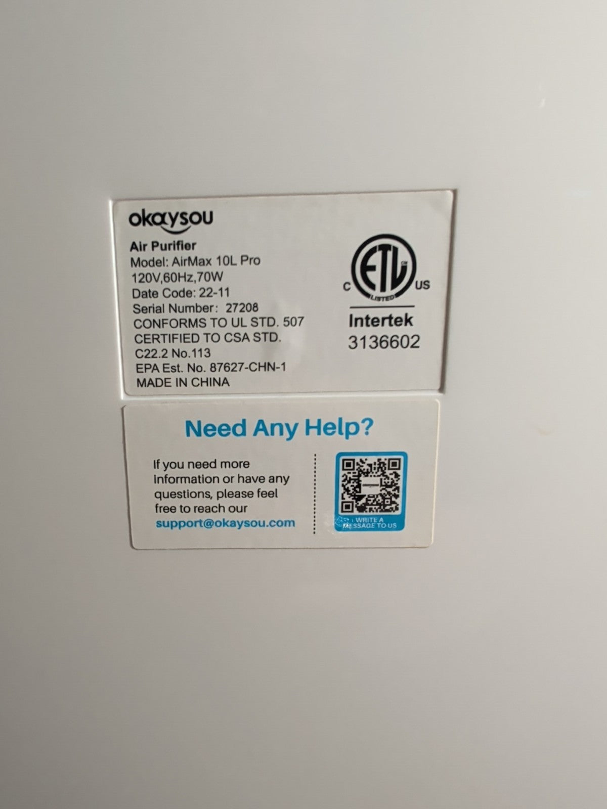 Okaysou AirMax 10L Pro Air Purifier HEPA 5-Stage 1000sq ft Room White Working
