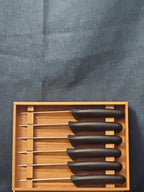 6 Gibson Steak Knives | 4.5" Serrated Stainless Steel | Wood Storage Block Tray