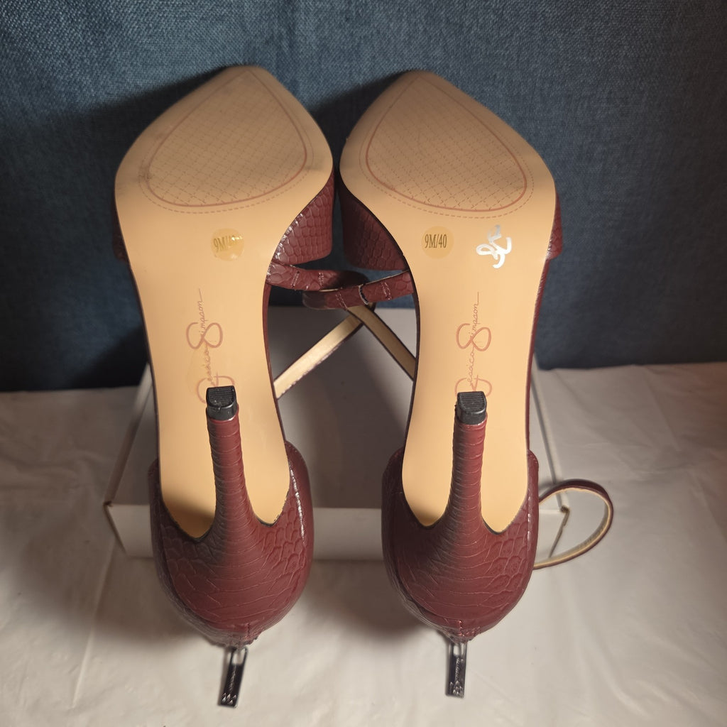 Jessica Simpson Wine Snakeskin Pumps 9M Ankle Strap Pointed Toe Zipper Heels 40