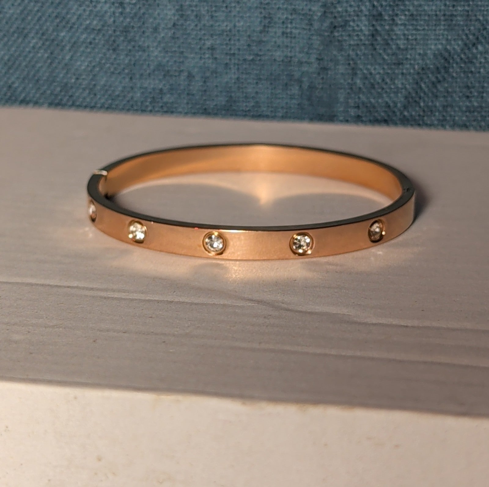 Hinged Bangle Copper Rose Gold Tone Rhinestone