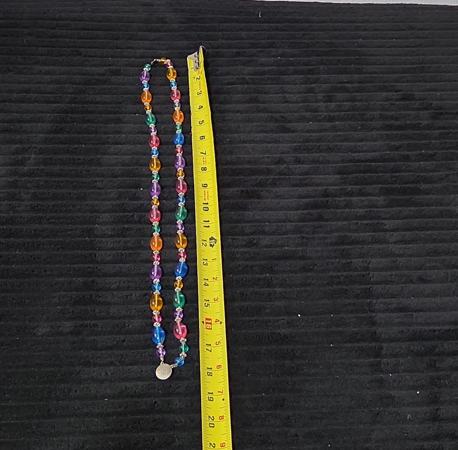 Vintage Rainbow Lucite Bead Necklace Long Opera 35 Inch Multi Color Silver Caps