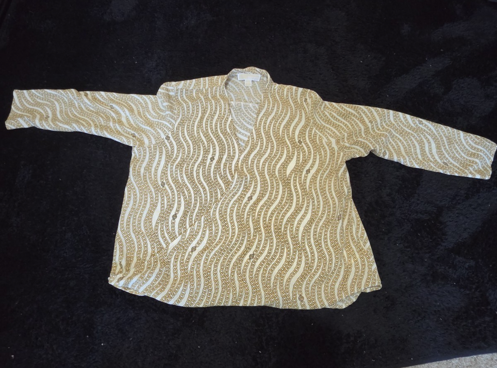 Michael Kors Blouse Gold Chain Link Print Wrap V-Neck Stretch Top L Gently Used