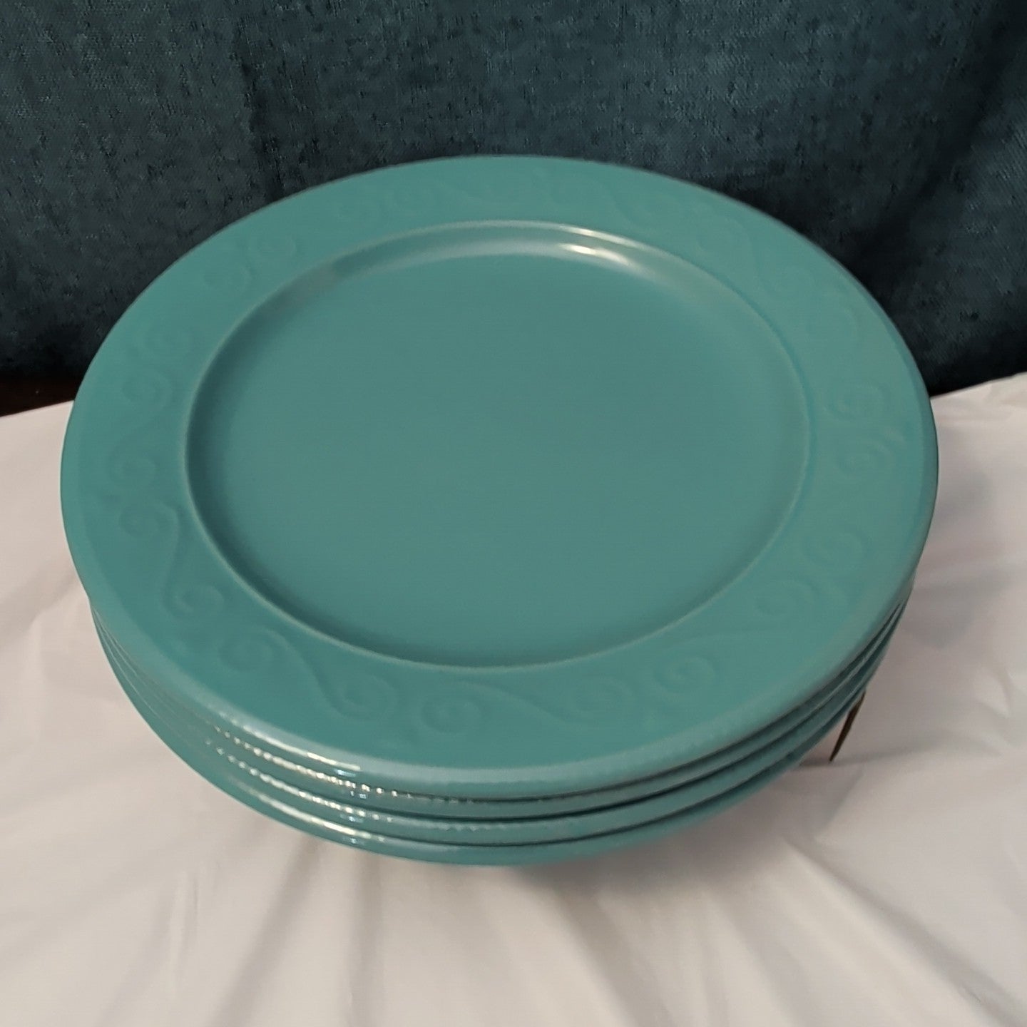 Set of 4 Royal Norfolk Dinner Plates Turquoise Teal Blue Scrolls Rim 10.5"