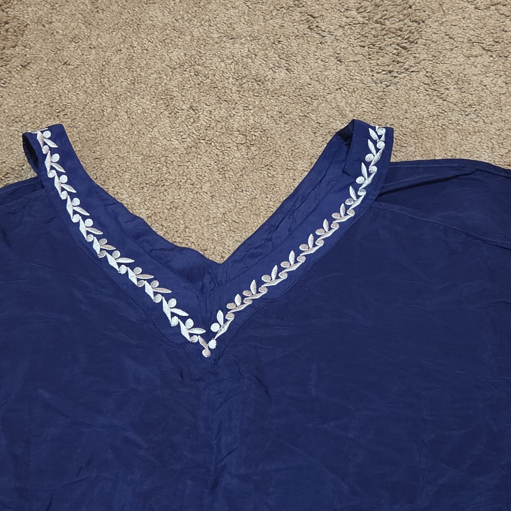Blue Swim Cover Up Kaftan V-Neck Embroidered Vacation OS