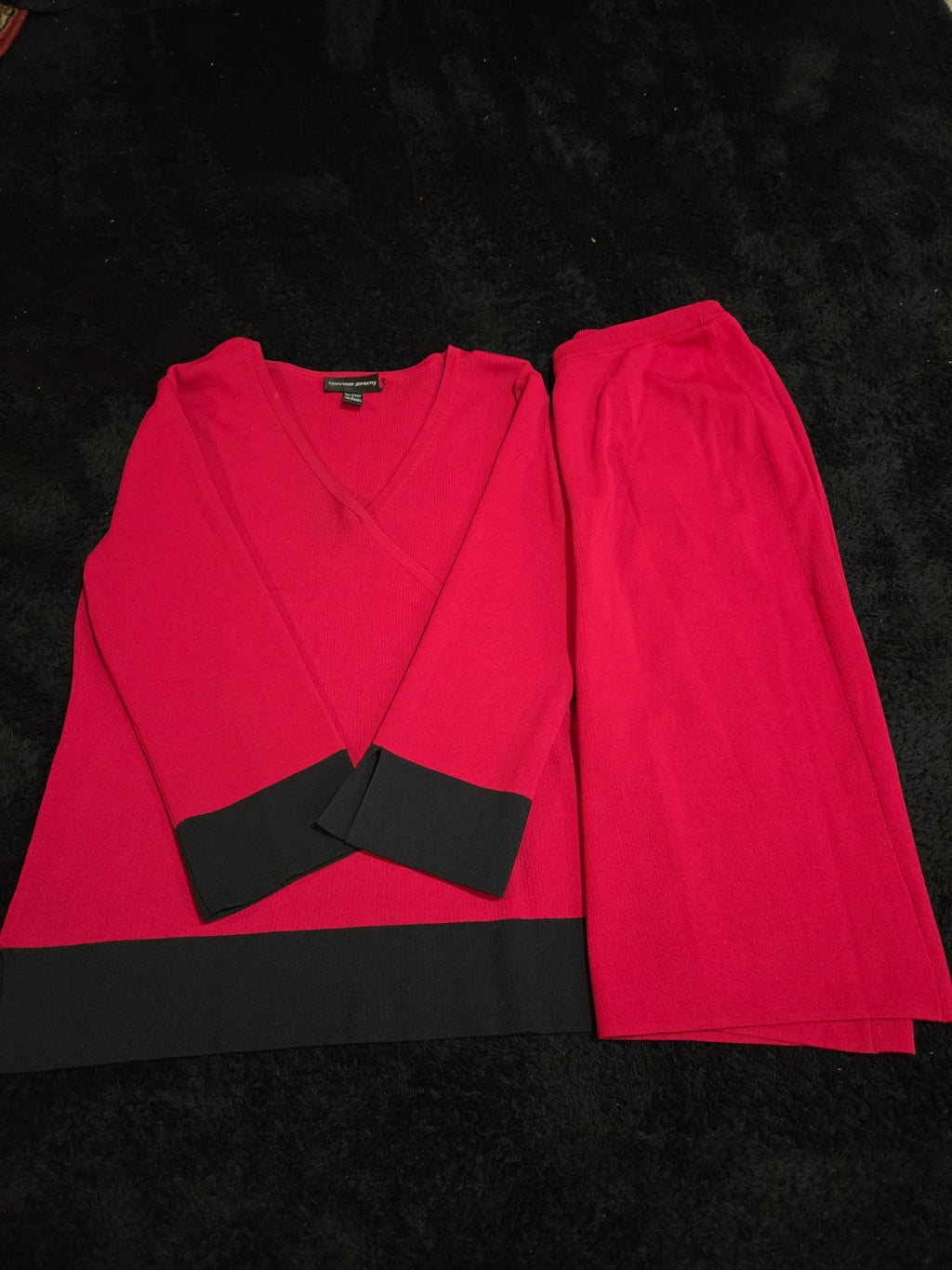 Spenser Jeremy Knit Skirt Set Large L Red Black Faux Wrap Sweater 2 Piece Vtg
