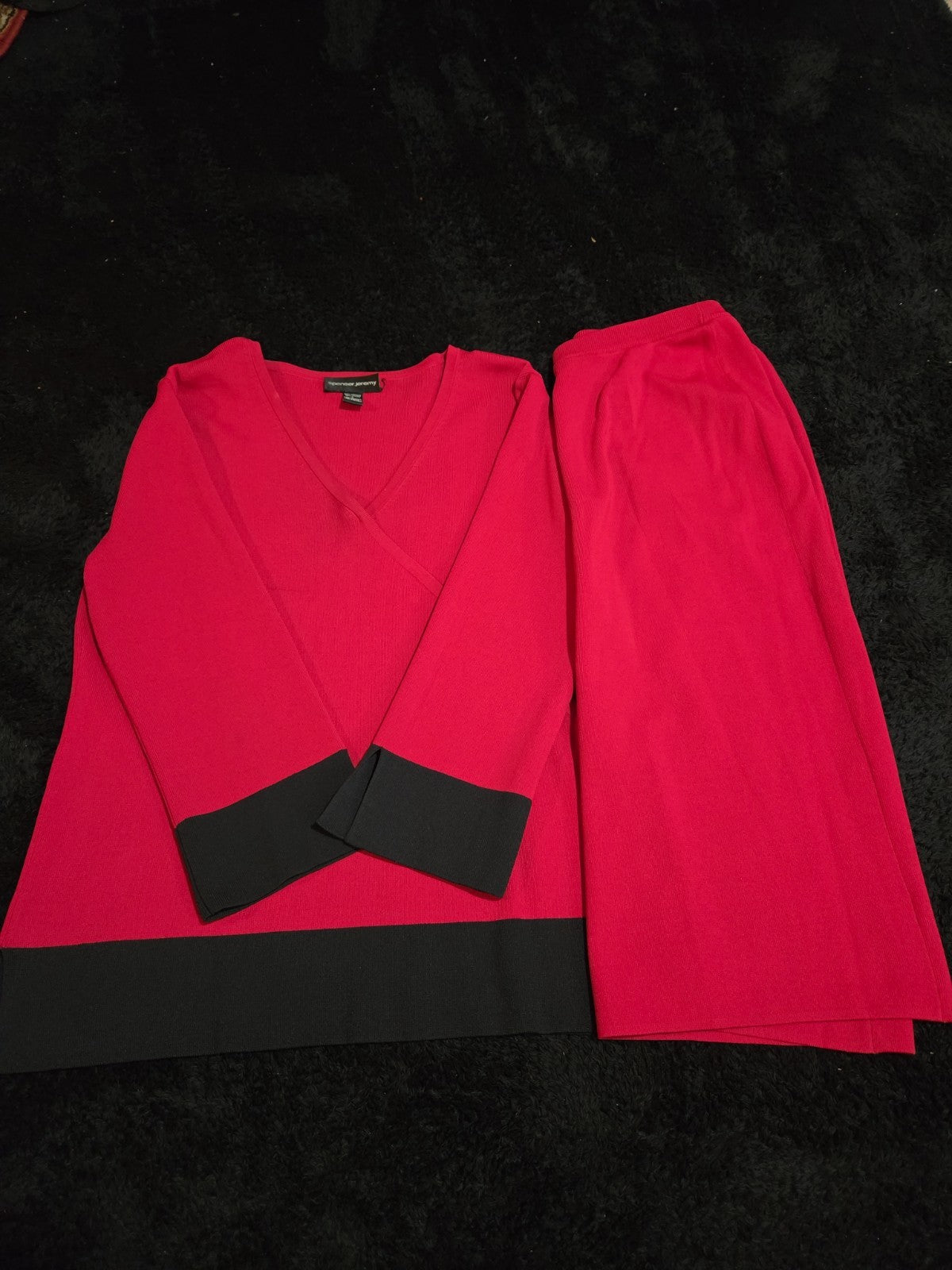Spenser Jeremy Knit Skirt Set Large L Red Black Faux Wrap Sweater 2 Piece Vtg